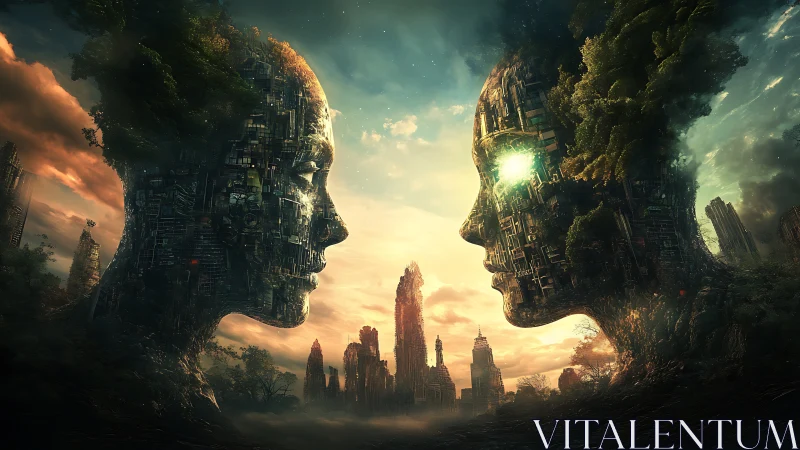 Cybernetic forest giants quietly debate a dying skyline