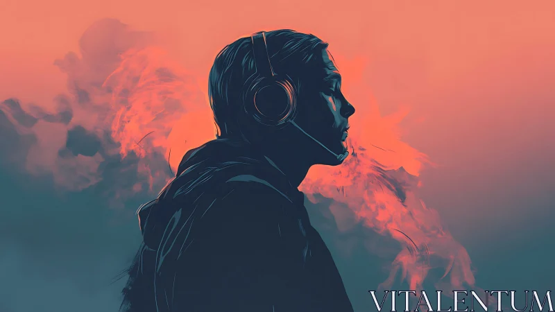 Side profile gamer silhouette with headset and smoke plume.