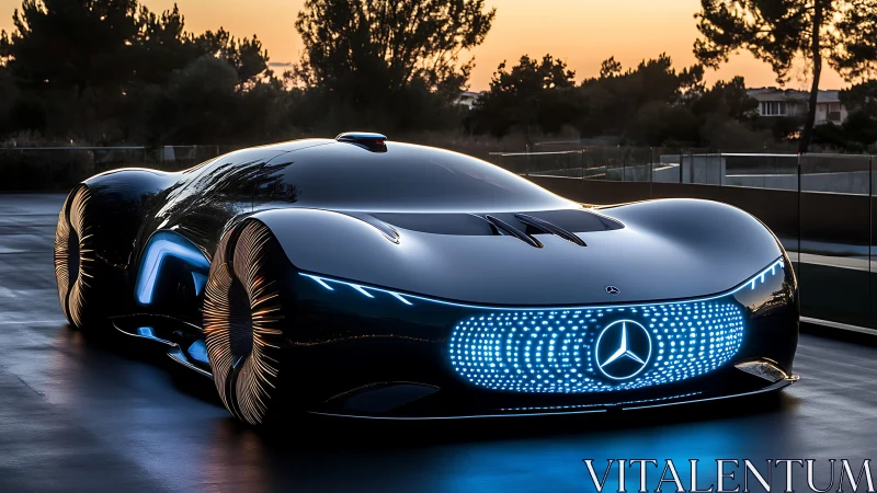 Sunset glow on a futuristic Mercedes electric concept car.