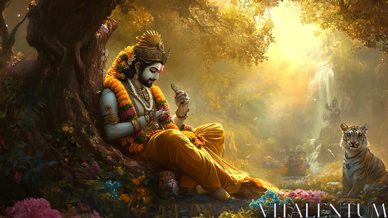 Divine figure reclining under tree in luminous mythic forest