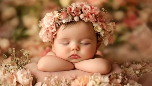 Slumbering Infant with Floral Crown Surrounded by Delicate Blooms