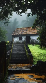 Misty tropical cottage with mossy stone stairway approach.