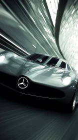 Mercedes sports car rendered in motion within tunnel