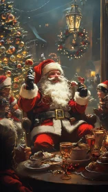 Santa leads festive Christmas feast beside glowing tree.