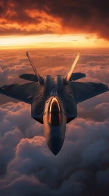 Stealth fighter jet over clouds under dramatic sunset sky.