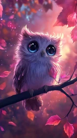 Bright eyed baby owl resting on a dreamy sunset branch.
