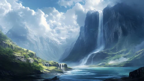 Towering cliff waterfall over misty turquoise fjord.