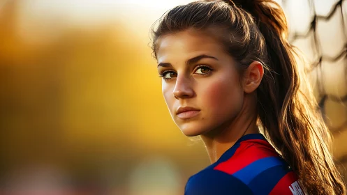 Focused young soccer player stands near goal in warm light