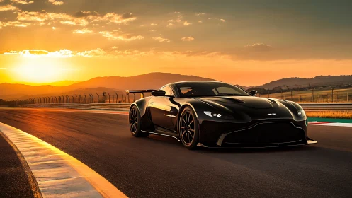Black track-focused supercar under golden hour sunset lighting