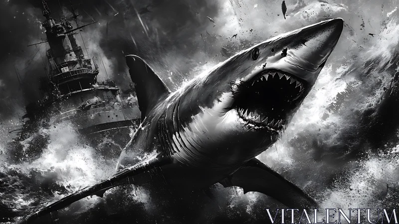 Giant great white shark storms battleship under raging seas.