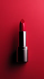 Crimson lipstick in minimalist studio lighting on red backdrop.