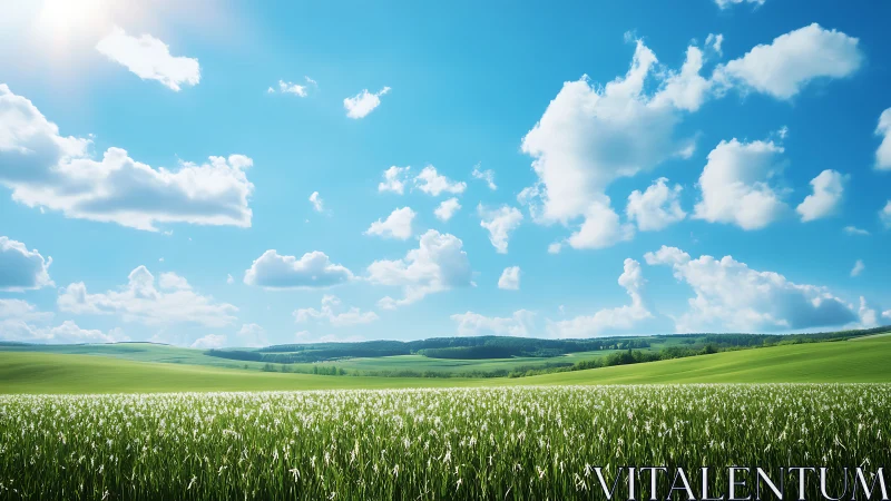 Green meadow under bright blue sky with scattered clouds.