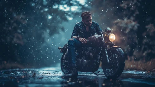 Quiet roadside pause with a lone rider in gentle rain.