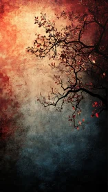 Crimson foliage silhouette against textured dusk gradient.