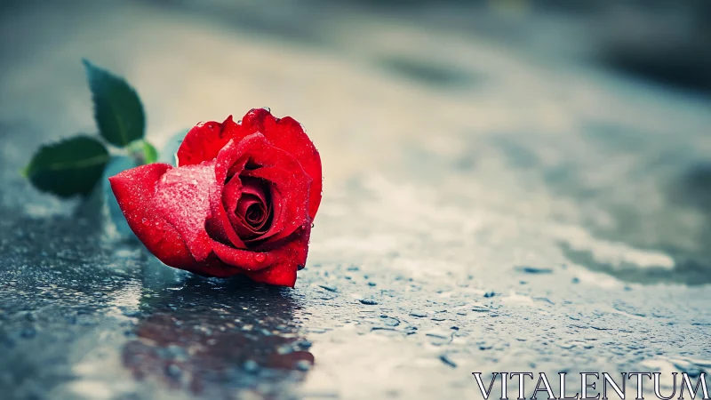 Red rose lies on wet pavement under soft diffused light