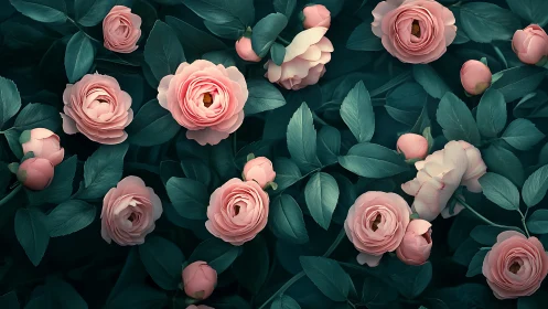 Pink Ranunculus Blooms Nestled in Moody Teal Foliage