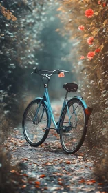 Blue bicycle positioned on pathway lined with flowering plants.