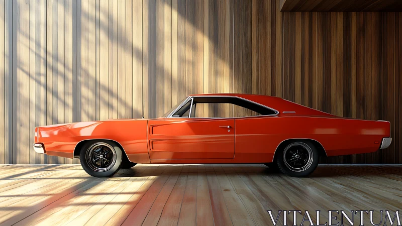 Orange classic muscle car in sunlit wooden interior.
