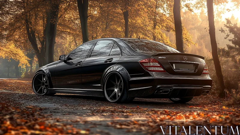 Black performance sedan prowls through molten autumn light