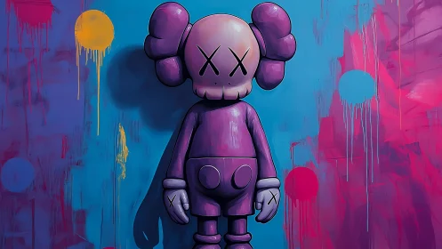 Melancholy toy sentinel in neon-splashed street art dreamscape.