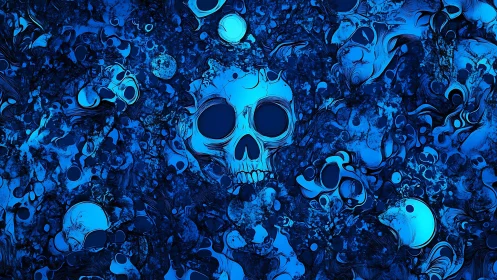 Midnight tide of neon skulls swirling in electric blue gloom.