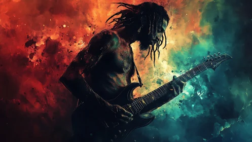 Electric guitarist wrapped in fiery and cool swirling color.