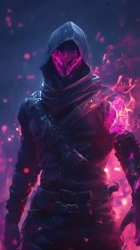 Hooded cybernetic wraith with violet plasma core ignition