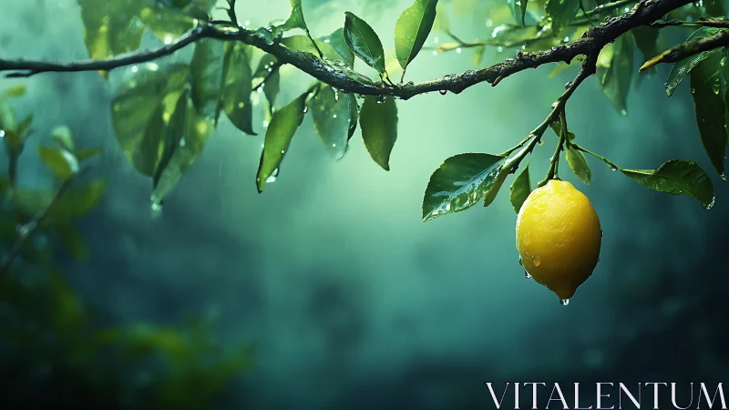 Single ripe lemon on wet tree branch in soft green light.