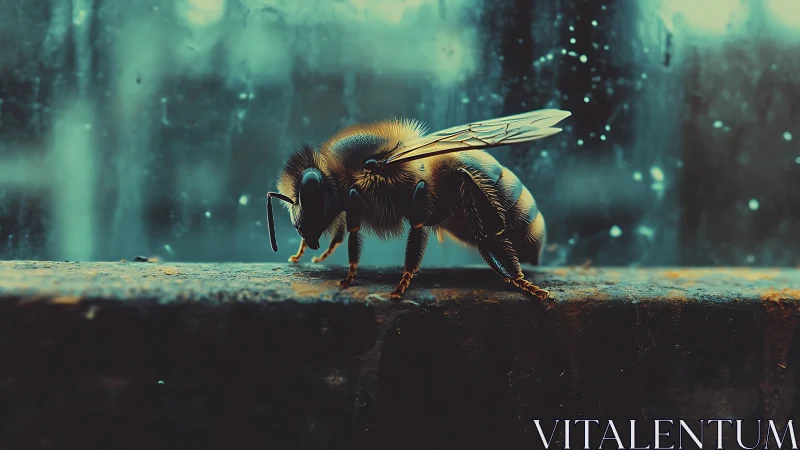 Macro bee rests on wet ledge under cool teal backlight