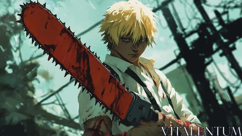 Bloodstained blonde fighter grips massive chainsaw blade.