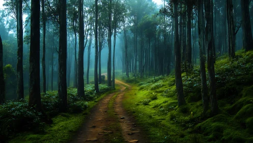 Misty Forest Path Through Tall Trees.