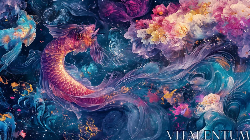 Spectral koi vortex with chromatic floral turbulence rendered.