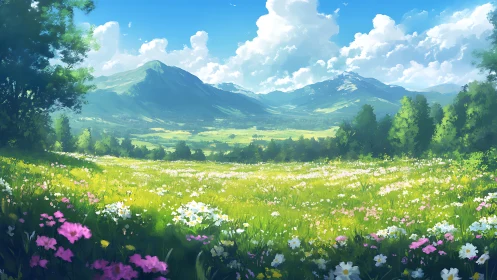 Sunlit alpine meadow with wildflower foreground and distant peaks