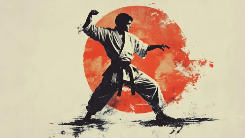 Focused martial artist poised before a bold red sun.