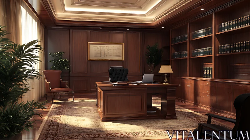 Executive law office rendered with detailed wood panel modeling