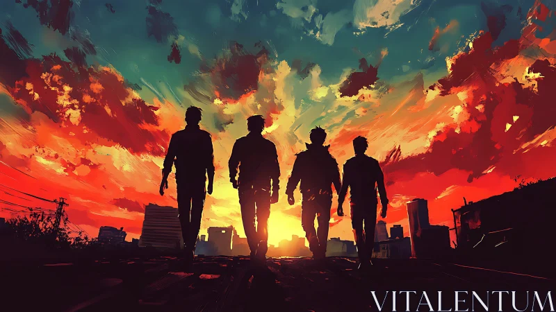 Friends walking into a painted neon sunset cityscape.