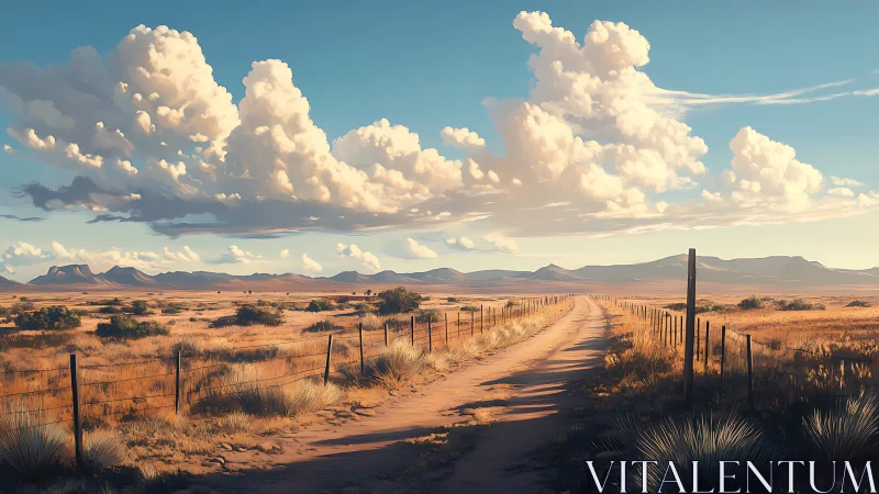 Sunlit country road wanders gently beneath towering clouds