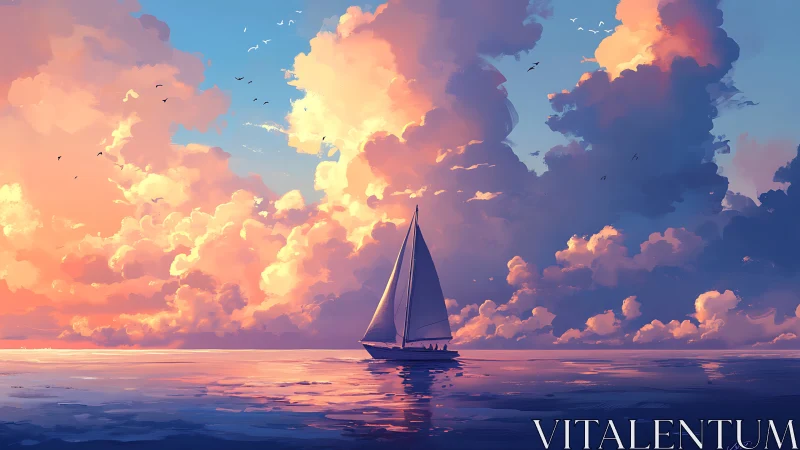 Sailboat drifting under sherbet thunderclouds at hush-hour sea.