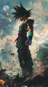 Saiyan warrior stands amid cosmic storm of fire and clouds.