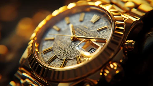 Gilded luxury wristwatch in dramatic macro close-up detail.