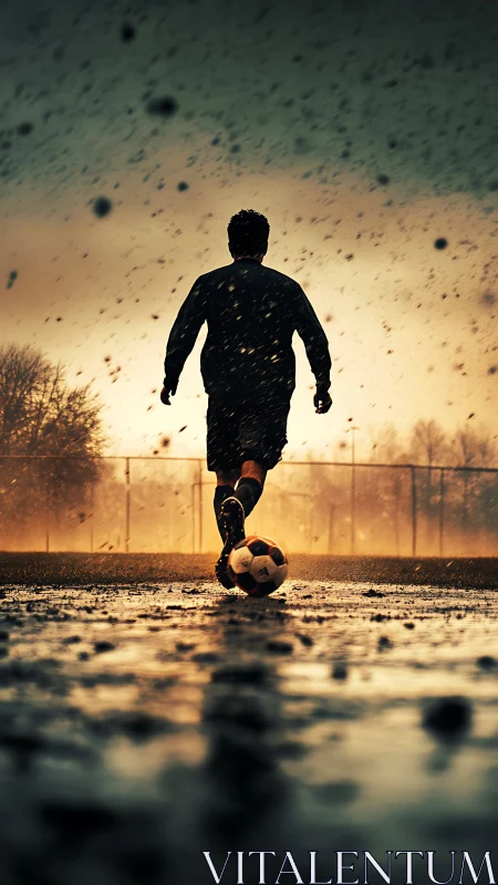 Lone soccer player strides through rainlit muddy field at dusk