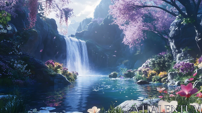 High-fidelity 3D waterfall grove with volumetric light and floral bloom