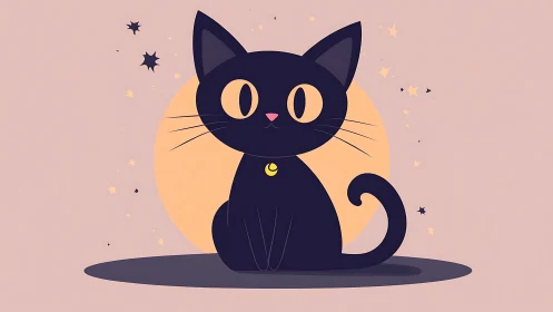 Charming Black Cat Gazes with Golden Eyes and Starlit Magic