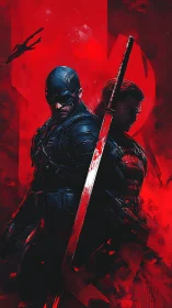 Dual armored vigilantes with katana in high-contrast red field.