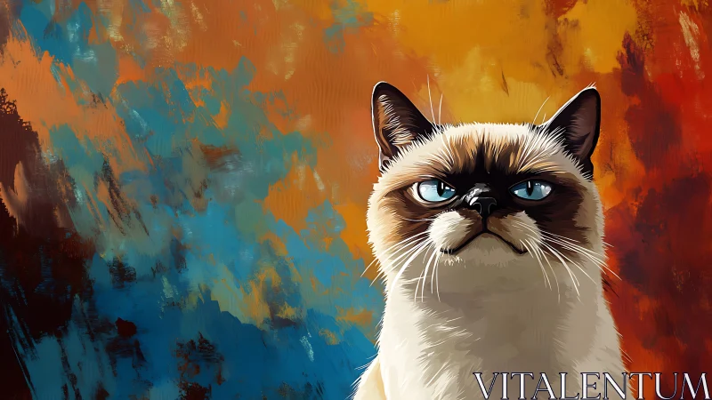 Siamese Cat with Piercing Blue Eyes Against Colorful Abstract Backdrop