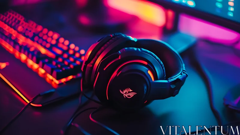 RGB gaming headset rests in neon-lit desktop setup.