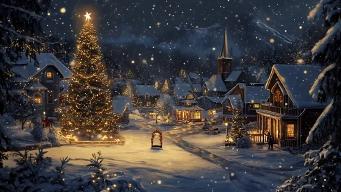Snow covered village street with illuminated festive tree.