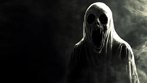 Shrouded skeletal ghost figure in dense swirling smoke.