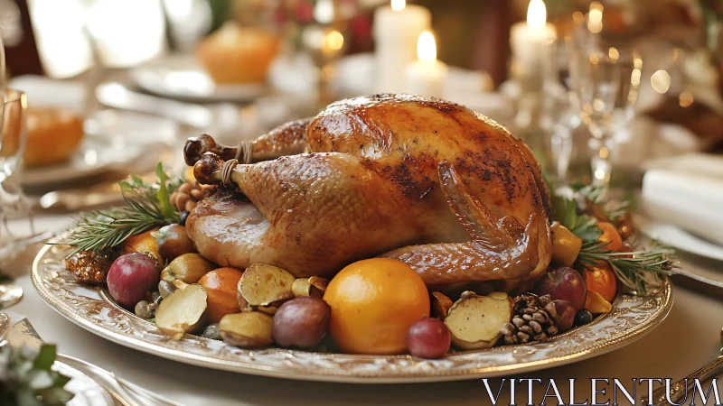 Roast turkey rests on silver platter with rustic vegetables
