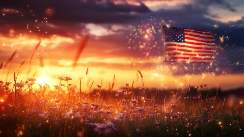 Sunlit wildflower meadow crowned by a sparkling US flag.